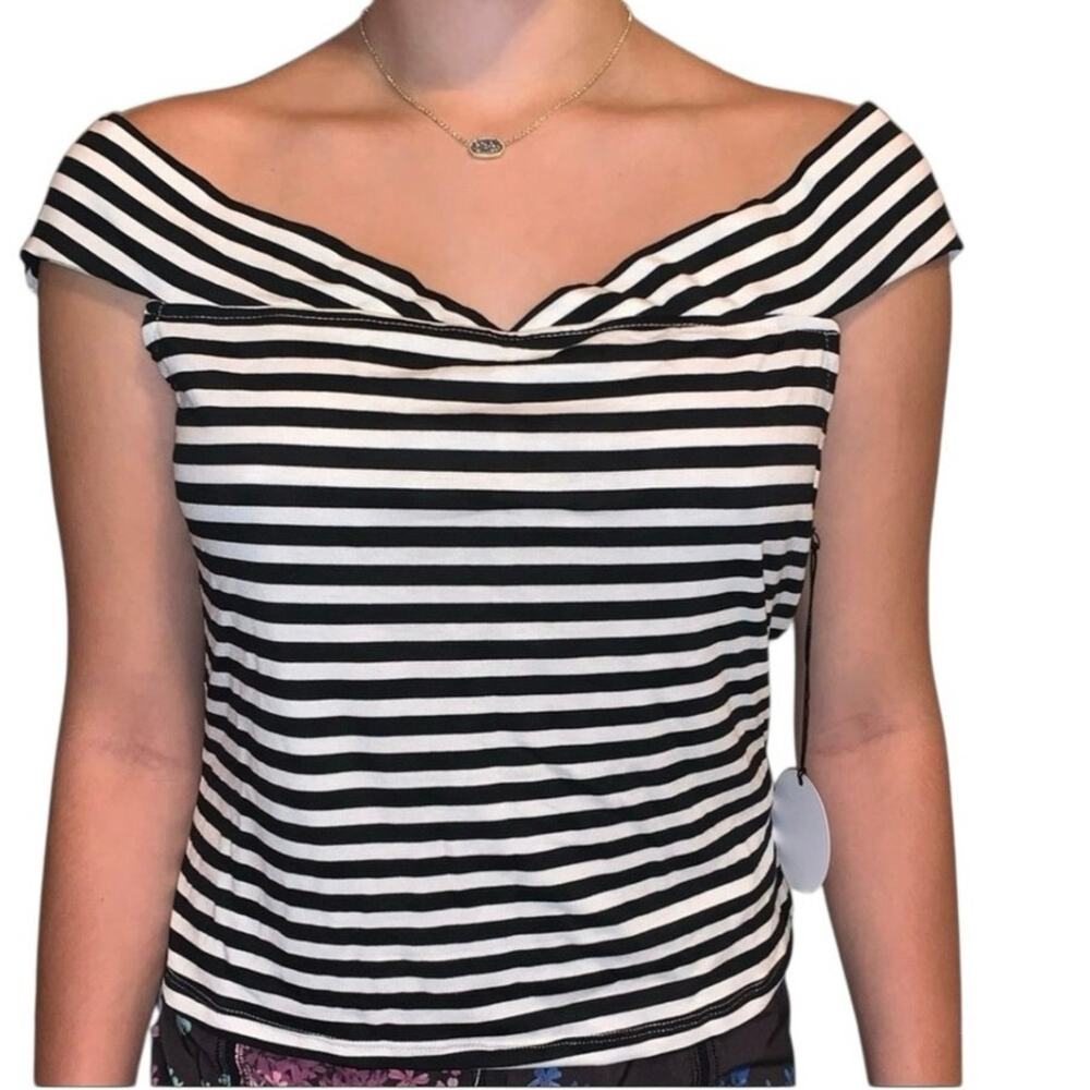 NWT About‎ Us Black & White Striped Off-Shoulder Top